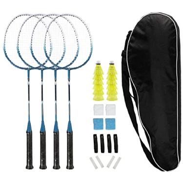 Imagem de Conjunto de 4 raquetes Badminton para quintal, esportes, adultos, família, jogo de raquetes com 12 petecas, 4 alças de substituição, 4 pulseiras e bolsa de transporte (azul A, conjunto com 4)