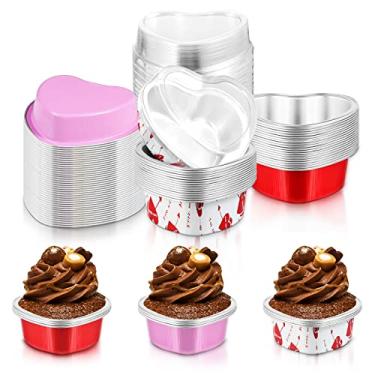 Imagem de Cunhill 30 conjuntos de formas de bolo em forma de coração com tampas, 100 ml, mini formas de cupcake descartáveis de folha de alumínio para festas de casamento do dia dos namorados (vermelho, rosa,