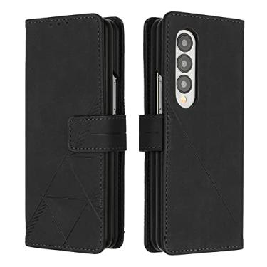 Imagem de DENSUL Capa de cartão para Samsung Galaxy Z Fold 4, capa flip de couro, proteção total à prova de choque, suporte traseiro ultrafino, carregamento sem fio, capa de pulso tipo carteira, preta