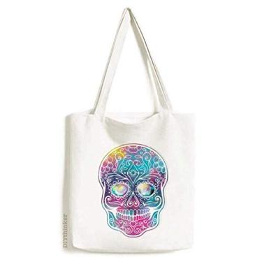 Imagem de Bolsa de lona com ilustração de caveira colorida floral cirrus bolsa de compras casual bolsa de mão