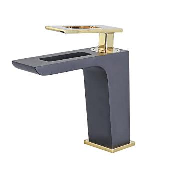 Imagem de Torneira para lavatório preta para pia misturadora de banheiro com cascata torneira de latão torneiras de água quente e fria para pias montagem no convés, preto e dourado