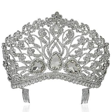 Imagem de Janefashions Tiara grande, floral, branca, austríaca, strass, cristal, coroa com pente de cabelo, véu, acessório para a cabeça, beleza, rainha, concurso, teatro, apresentação, noiva, ouro, prata, T901