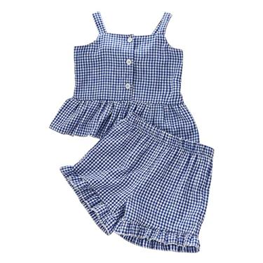 Imagem de Camiseta infantil infantil com babados, sem mangas, com alças xadrez, botão, shorts com laço, 2 peças, roupas para meninas adolescentes, Azul claro, 1-2 Anos