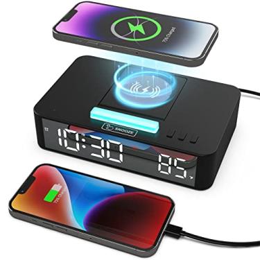 Imagem de Multifuncional LED Espelho Despertador Digital Desk Relógio Eletrônico com Luz Ambiente RGB Modo Snooze Exibição de Temperatura 10W Substituição da Função de Carregamento Sem Fio para