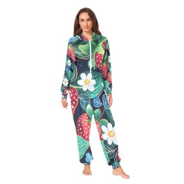 Imagem de CHIFIGNO Pijama macacão adulto fofo de polvo rosa, macacão macio para adultos, pijama macacão adulto para mulheres, Morango e flor 3, P