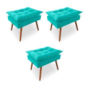 Imagem de Kit 3 Puffs Decorativos Quadrados Opala Pés Palito Tecido Suede Azul T