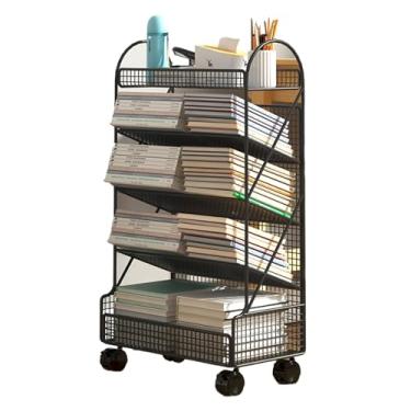 Imagem de Carrinho de estante móvel, carrinho de estante rolante Organizador de papel de escritório Suporte de exibição de canto de armazenamento de dupla face Rack de revistas para espaços estreitos (cor: pr