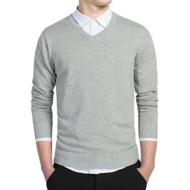 Imagem de Suéter de algodão masculino manga longa cardigã masculino gola V suéter solto sólido botão ajuste tricô estilo casual, Cinza claro91, Medium