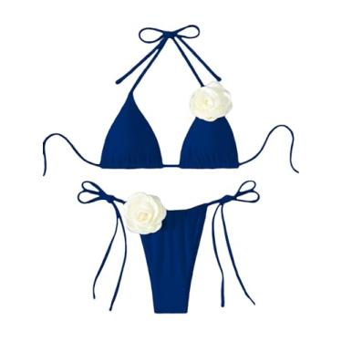 Imagem de Falainetee Conjunto de biquíni feminino com apliques florais, cintura alta, triângulo, amarrado, lateral, biquíni, Azul, M
