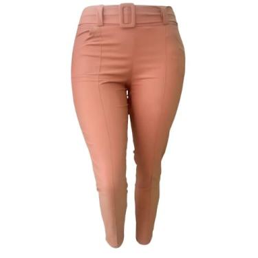 Imagem de Calça Plus Size Feminina Social Com Cinto Tecido Bengaline Feminino Com Bolsos Laterais Cinto Fivela Não Remove Tecido Modelador Estica Lycra E Elastano (44, Rose)