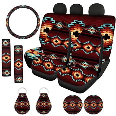 Imagem de ZFRXIGN Conjunto completo de capa de assento de carro tribal asteca para mulheres, estampa de listras nativas americanas com capa de volante elástica + capa de cinto de segurança + porta-copos + chaveiros automáticos, fácil de limpar