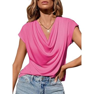 Imagem de EVALESS Camisas femininas fashion 2024 gola drapeada para mulheres elegantes roupas casuais de manga curta roupas de verão, Vermelho rosa, XXG