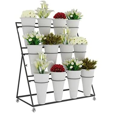 Imagem de Prateleiras de floricultura, expositor de balde de flores 12/16, expositor de vários andares para floricultura com rodízios, prateleira de florista para supermercados e pátios de garagem, 3