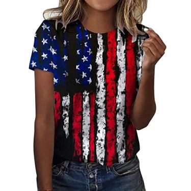Imagem de Camiseta feminina Independence Day com estampa de listras com bandeira americana e listras casuais 4 de julho de manga curta, Azul, XXG