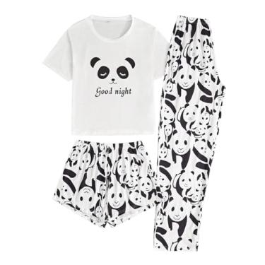 Imagem de OYOANGLE Conjunto de pijama feminino de 3 peças, camiseta de manga curta e shorts com calça de dormir, Preto, branco, P