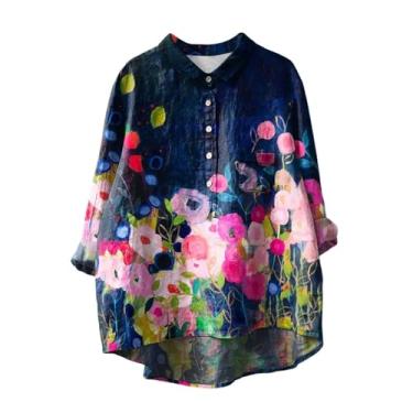 Imagem de Camiseta feminina de linho, gola lapela, botão, manga comprida, blusas elegantes estampadas com flores, blusas soltas, casuais, Azul, 3G