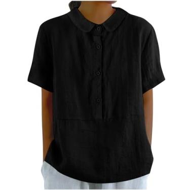 Imagem de Camisetas femininas de linho de verão gola redonda manga curta casual solta abotoada túnica básica sólida blusas confortáveis, Preto, M