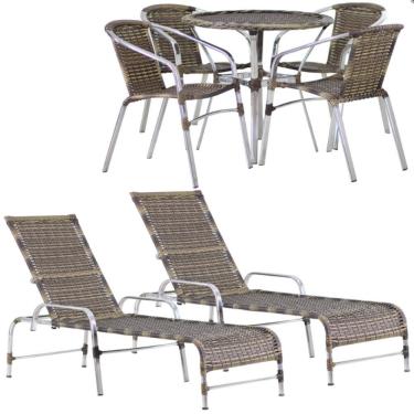 Imagem de Kit 4 Cadeiras Floripa e Mesa Tampo Tramado com 2 Espreguiçadeiras Catar Piscina, Jardim, Varanda, Área