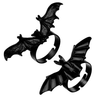 Imagem de 2 peças de anéis de morcego para homens mulheres ajustáveis preto legal punk gótico aberto asa de morcego cosplay joias Halloween acessórios cosplay para filho adolescente namorado irmão, One size,