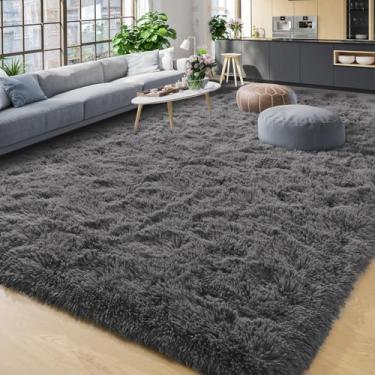 Imagem de YJ.GWL Tapetes de área para sala de estar, quarto, 22 x 30 cm, lavável à máquina, tapete grande cinza escuro, macio, fofo, grosso, grande, felpudo, para uso interno, para quarto de crianças, meninos e