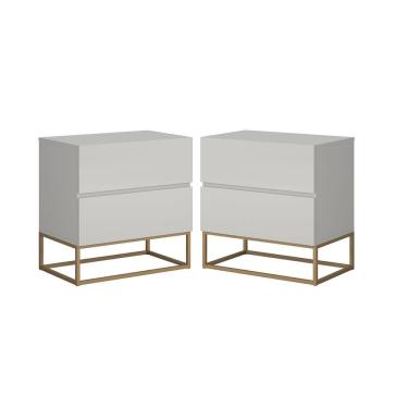 Imagem de 2 Mesa de Cabeceira Apoio Estilo Industrial 2 Gavetas Eros 45 Base Dourado Cor:Off White