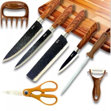 Imagem de Conjunto de Facas Cabo Madeira Lâmina Aço Inox Premium 08 Peças Jogo de Facas Gourmet Corte Navalha Antiaderente Kit Churrasco Cozinha Presente - SHP