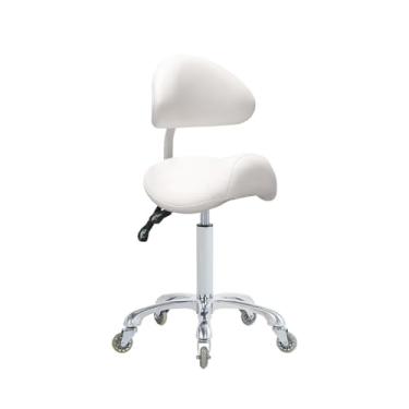 Imagem de Cadeira de rodinhas com suporte para as costas, cadeira de banqueta dentária para tatuagem de esteticista, cadeiras de cílios para salão de massagem tecnológica de cílios (branca, com encosto)