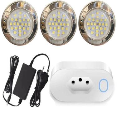 Imagem de Kit 3 Power Led 5w Inox 316 Branco + Fonte + Tomada Wifi - Brustec