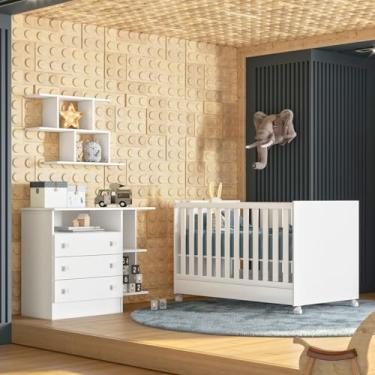 Imagem de Kit Berço Mini Cama Taís e Cômoda Infantil 3 Gavetas com Nicho Brilhar Q01 Branco - Amarena Móveis