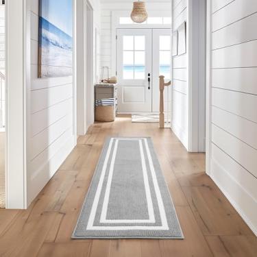 Imagem de Nautica Tufted Runner Rug - Double Line Border | Modern Home Décor | Measures 26"x96" | Light Grey and White