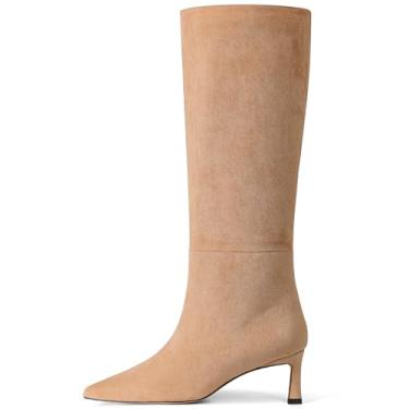 Imagem de Attiposh Botas de cano alto femininas salto gatinho largo bico fino camurça vestido moderno couro salto baixo botas altas sem cadarço, Camurça marrom, 39