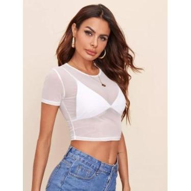 Imagem de Blusinha Blusa Tule Transparente Cropped Renda Alça Soltinha - RV MODA