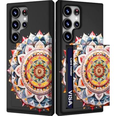 Imagem de IWONE Capa fofa com porta-cartão para S24 Ultra/à prova de choque fina com compartimento para celular para mulheres compatível com Samsung Galaxy S24 Ultra/mandala amarela ornamento étnico floral