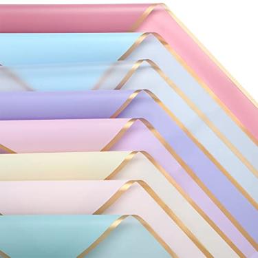 Imagem de Yexiya 160 folhas de papel de embrulho de flores com borda dourada, materiais de embrulho para buquê de floristas, à prova d'água, papel de embalagem de presente para casamento de dia doce, 8 cores,