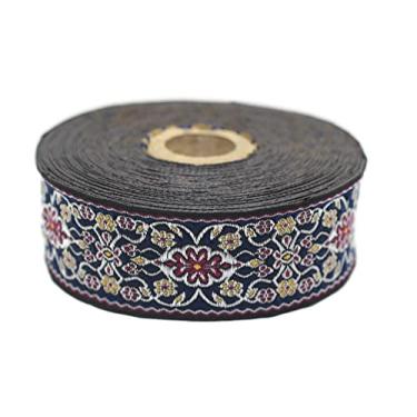 Imagem de Carretel de 11 jardas 3,5 cm de largura fita jacquard azul e vermelha Yuzen estilo floral acabamento tecido cortina fazendo bordure tecido estofado 35939