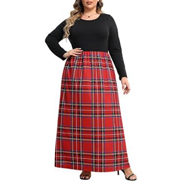 Imagem de Nemidor Vestido maxi feminino com estampa de chevron, manga comprida, plus size, casual, com bolso, Xadrez vermelho + manga, 54