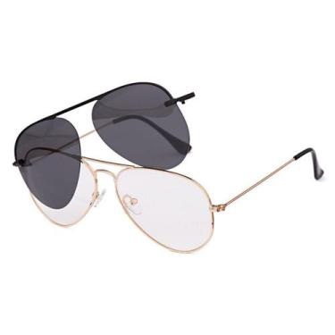 Imagem de Armação Óculos Grau Feminina Clipon 2 Em 1 Aviador Dourado - Shark Ócu