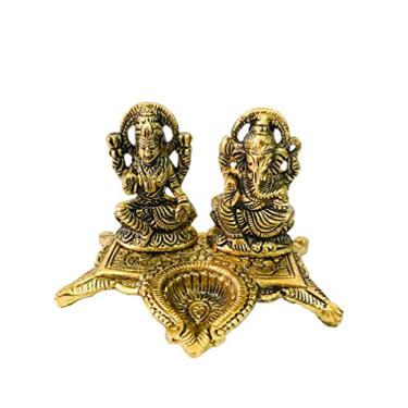 Imagem de Kunal Laxmi Ganesha Estátua Diya com Jyot para Diwali Pooja Lakshmi Ganesha Idol Laxmi Ganesh Murti Idol Escultura de Metal Showpiece Ganpati Ji Murti Deepawali Poojan Tamanho- Altura - 10 cm