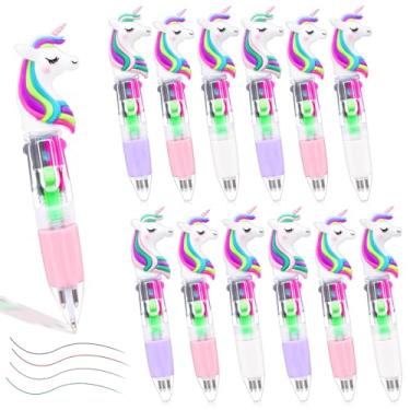 Imagem de Pacote com 12 canetas esferográficas unicórnio, multicoloridas, lembrancinhas de festa de aniversário, 0,5 mm, 4 em 1, conjunto de presente de Páscoa, material de escritório de volta às aulas