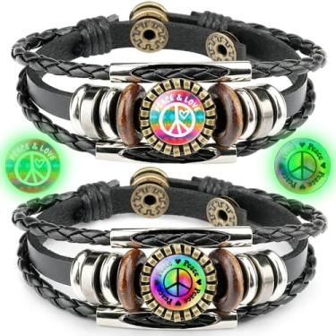 Imagem de YionZian 2 peças que brilham no escuro anti-guerra signo da paz pulseira de couro preto com fivela amor e paz 3 camadas para homens e mulheres joias para casais, Free Size, Couro Madeira Zinco, Sem