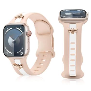 Imagem de Pulseira de silicone para Apple Watch séries 9, 8, 7, 6, 5, 4, 3 e SE, de 44 mm, 45 mm e 42 mm, pulseira esportiva de designer para Apple Watch, rosa claro