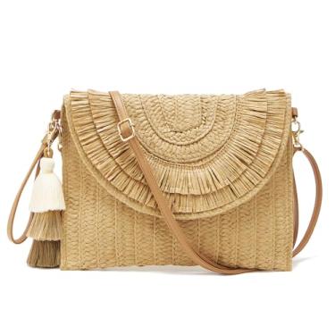 Imagem de WEIMZC Bolsa de palha pequena para mulheres bolsas de verão bolsa envelope de tecido de praia bolsa de ombro ráfia, bolsa transversal de palha boho, Borlas marrom