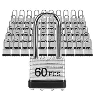 Imagem de Cadeados com a mesma chave, LQYN 60 peças de cadeado laminado com chave (1-9/16 polegadas, 40 mm), fechaduras semelhantes com chave, manilha longa, para armário de armazenamento, trava de ferrolho,