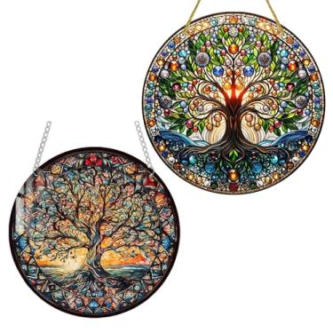 Imagem de Árvore da Vida, decoração para pendurar na janela, painel de acrílico manchado, enfeite de parede de janela de árvore para quarto, varanda, escritório, jardim (E e F)