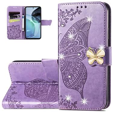 Imagem de Monwutong Capa carteira para Motorola G72, capa de telefone flip de couro PU padrão borboleta 3D com fecho magnético e compartimentos para cartão de dinheiro coldre para Moto G72, HZD strass roxo
