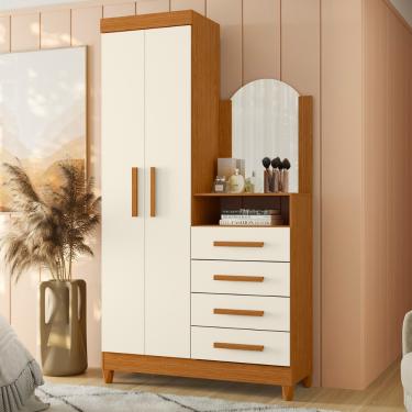Imagem de Guarda Roupa Solteiro com Espelho e Pés e Cômoda 2 Portas 4 Gavetas New Capri Albatroz - Cinamomo/Off White