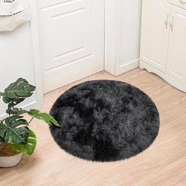 Imagem de JiaoBaba Tapete redondo preto tie dye pequeno 0,9 x 0,9 m tapete fofo circular felpudo felpudo tapete de pelúcia para quarto de meninas, quarto de crianças, sala de estar, berçário, decoração de