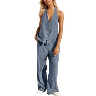 Imagem de DURUNUL Conjunto feminino de 2 peças com botão nas costas, costas baixas, colete frente única, calça larga, conjunto de terno casual e elegante, Azul, M
