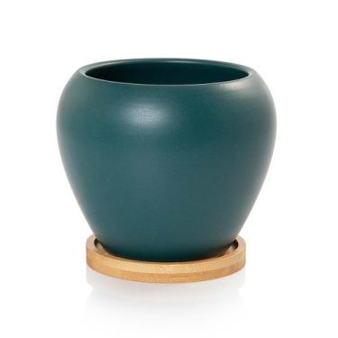 Imagem de Vaso Cachepot com Prato de Bambu Verde Fosco Doha Pozzani