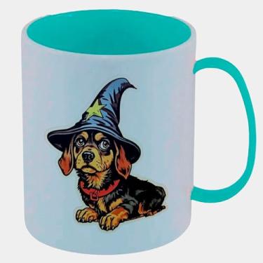 Imagem de Caneca de Polímero Plástico Inquebrável Infantil Azul Tiffany DACHSHUND CACHORRO CHAPEU MAGO